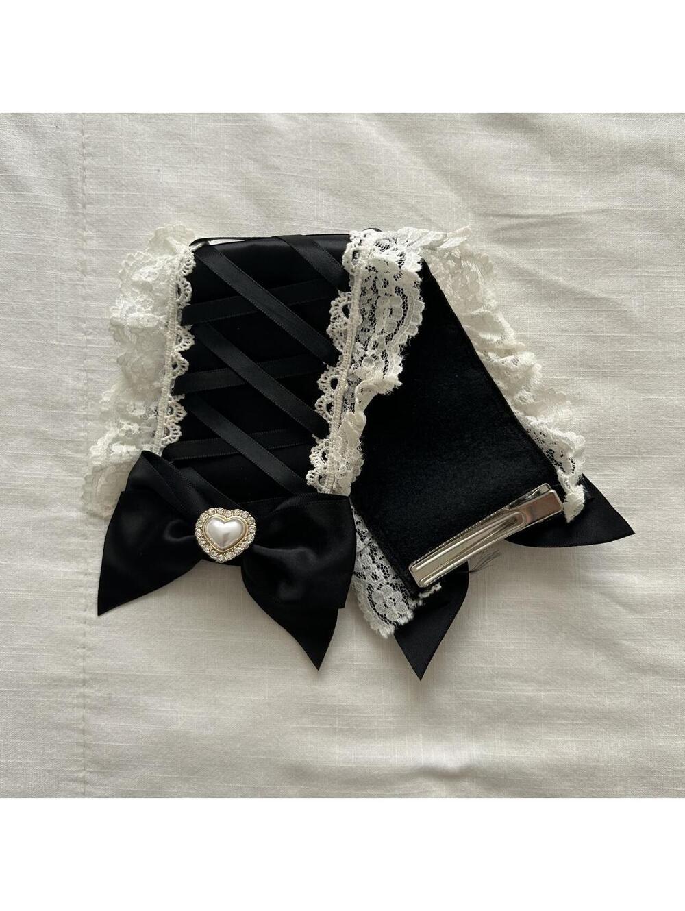 Black Ivory Lace Hair Accessory Corset Ribbon Bow Pearl Heart Jirai Kei